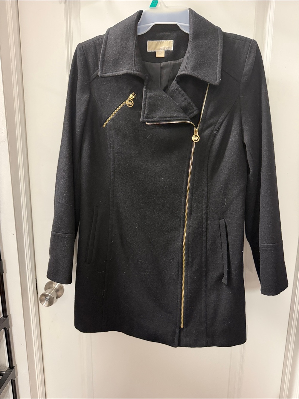Michael Kors Black Wool Asymmetrical Zip Peacoat with Gold Hardware